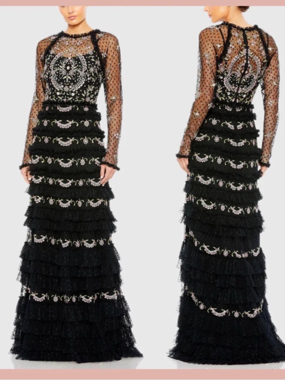 Mac Duggal 8030 Polka Dot Long Sleeve Floral Ruffle Tired Gown